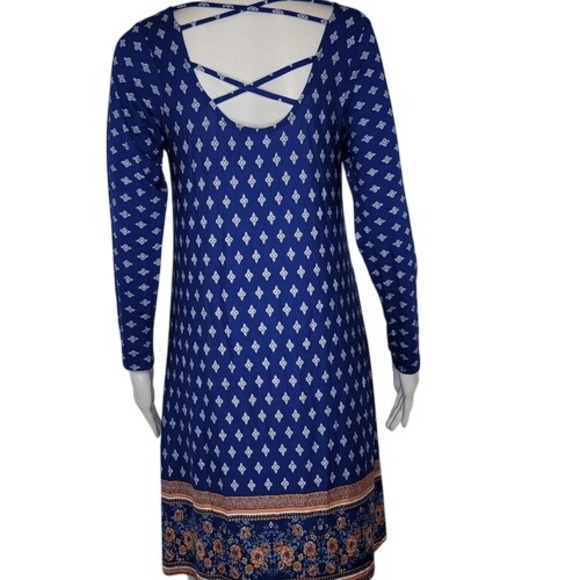 Loveappella Blue Patterned Long Sleeve Criss Cross‎ Open Back Dress - Picture 7 of 12